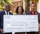 (From L to R): Dr. Johnson O. Akinleye, NCCU Provost and Vice Chancellor for Academic Affairs; Ms. Indira Everett, Duke Energy District Manager; Dr. Caesar R. Jackson, NCCU Professor of Mathematics and Physics