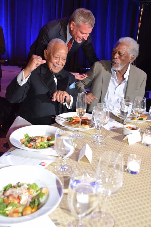 The Honorable David N. Dinkins, Mayor Bill de Blasio  and Morgan Freeman at the Children's Health Fund 2016 Annual Benefit. A wonderful celebration of the power of health care making a difference in the lives of vulnerable children.  Photo by:  Rose Billings/Blacktiemagazine.com