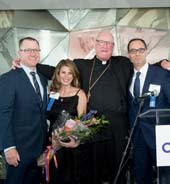 Committee Co-Chairs Thomas O’Halloran, Andrea Baker, Timothy Dempsey, and His Eminence, Timothy Michael Cardinal Dolan. Photo by: Ben Asen