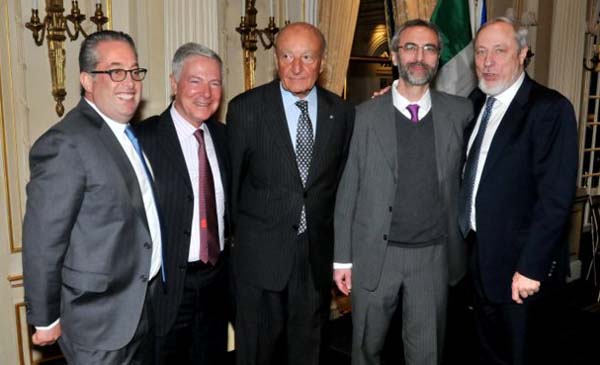 Wine Leader Award Recipients (L. to R.) Marc D. Taub (President & CEO of Palm Bay International), Piero Selvaggio (Owner of Valentino Restaurant in Santa Monica), Joshua Greene (Editor & Publisher of Wine & Spirits Magazine), Kevin Zraly (Author & Wine Educator at the Windows on the World Wine School) with Lucio Caputo (Center).