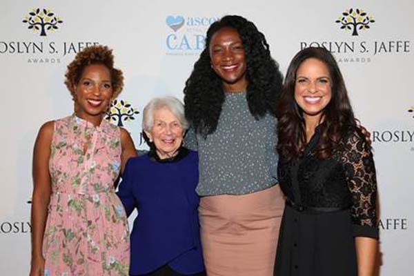 Roslyn Jaffe and Soledad OBrien pose with the 2016 top grant winners Vanessa Garrison and T. Morgan Dixon of GirlTrek at the 3rd Annual Roslyn S. Jaffe Awards on Thursday, October 27th at Cipriani in New York City.