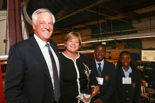  Rich Brennan, Susan George, students from Our Lady of Grace. Photo by:   Joe Vericker/PhotoBureau